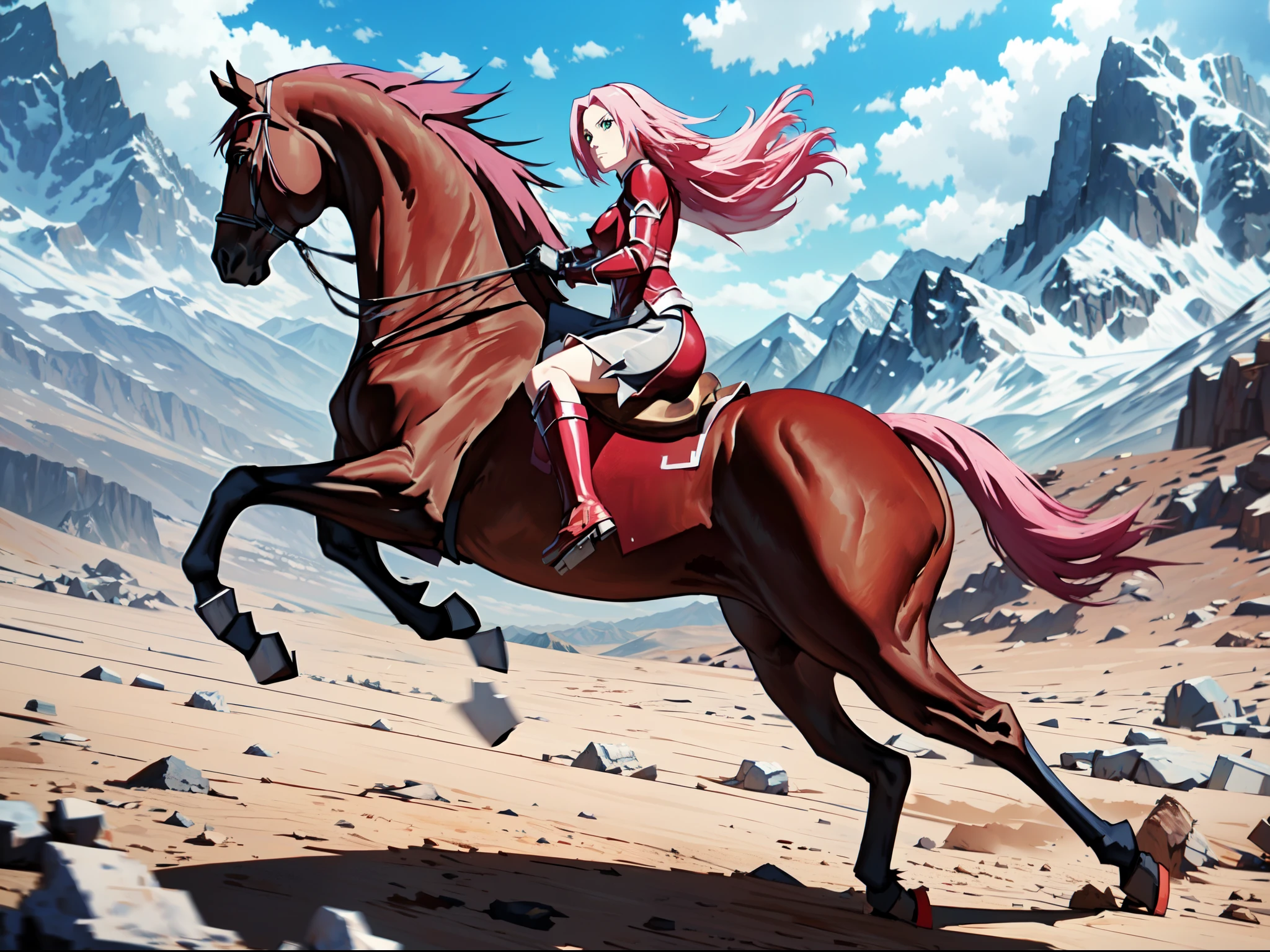 ((best quality)), ((anime masterpiece)), (high detailed), 8k, cinematic lighting, anime screencap, HDR, vivid color, a female knight riding a BROWN HORSE, (haruno sakura, medium hair, {pink hair}, medium breast, cleavage), determined face, (red armor, red gauntlet, red miniskirt, red boots), mountains, outdoor, open field, ((from side: 1.2)), anatomically correct