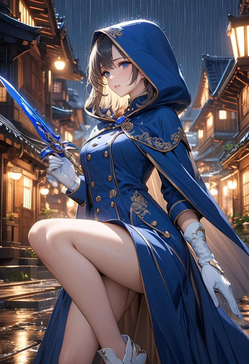 South korea women mystery hooded on with modern royal Blue coat with buttons and royal Blue cape and very high white heel over the knee and white gloves, As she reveals a small secret hidden blade, adding to the character’s mysterious and agile appearance, with small movements of air on the cape, in summer at night under the rain, with buildings featuring curved eaves and detailed architecture. The scene is set at night, she slit a person's throat , intricate detail, ultra detail, incredible detail, intricate detail, extremely detailed and intricate, super max, masterpiece, best quality, HDR, UHD, unreal engine. , beautiful face, Rich in details High quality, gorgeous, captivating, 8k, super detailed, stunning shadows, detailed lines