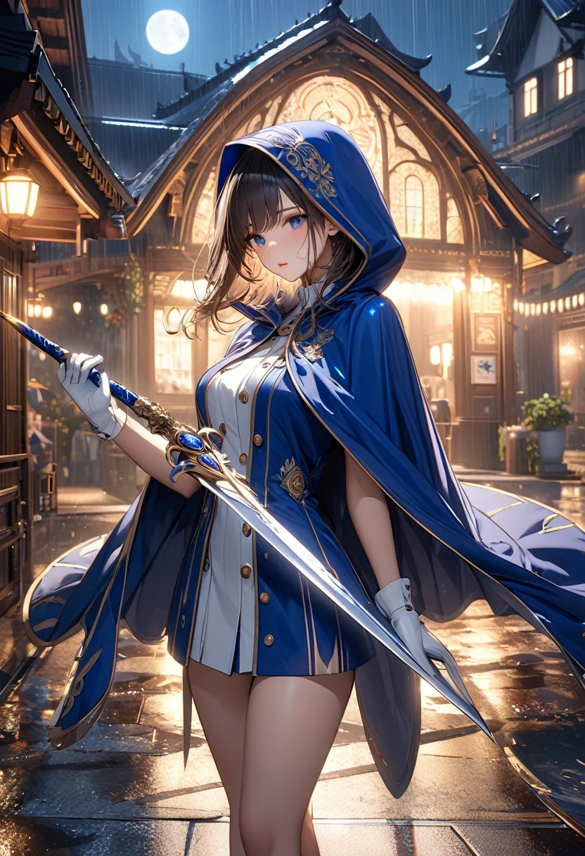 South korea women mystery hooded on with modern royal Blue coat with buttons and royal Blue cape and very high white heel over the knee and white gloves, As she reveals a small secret hidden blade, adding to the character’s mysterious and agile appearance, with small movements of air on the cape, in summer at night under the rain, with buildings featuring curved eaves and detailed architecture. The scene is set at night, she slit a person's throat , intricate detail, ultra detail, incredible detail, intricate detail, extremely detailed and intricate, super max, masterpiece, best quality, HDR, UHD, unreal engine. , beautiful face, Rich in details High quality, gorgeous, captivating, 8k, super detailed, stunning shadows, detailed lines