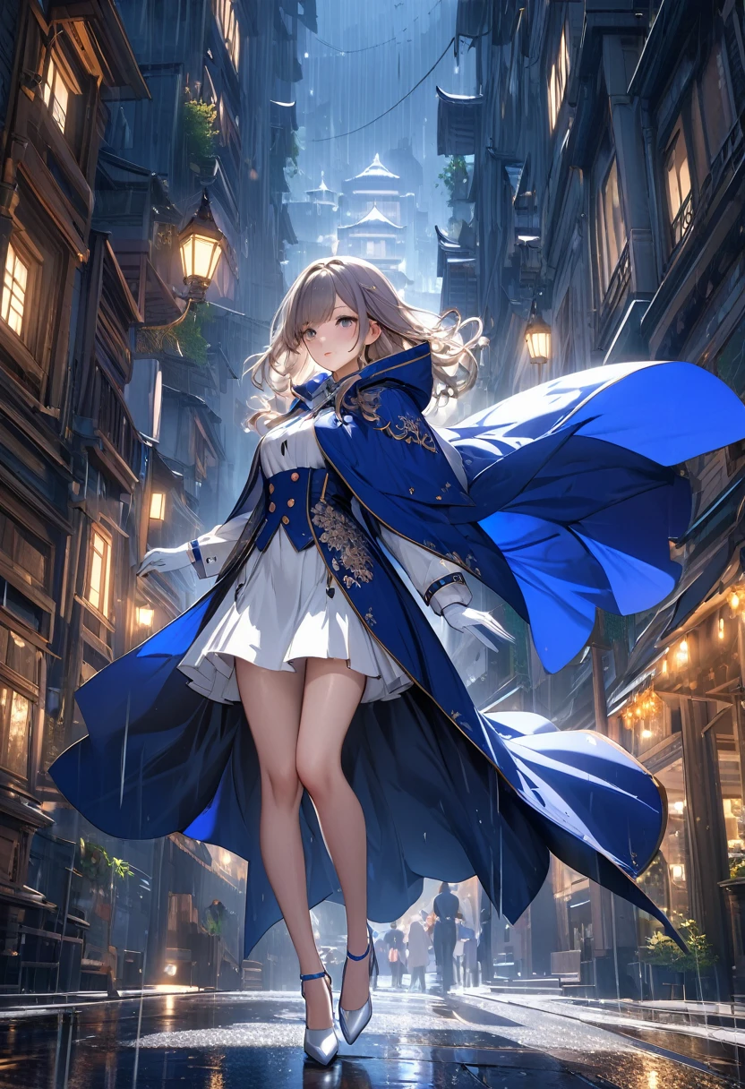 South korea women mystery hooded on with modern royal Blue coat with buttons and royal Blue cape and very high white heel over the knee and white gloves, As she reveals a small secret hidden blade, adding to the character’s mysterious and agile appearance, with small movements of air on the cape, in summer at night under the rain, with buildings featuring curved eaves and detailed architecture. The scene is set at night, she slit a person's throat , intricate detail, ultra detail, incredible detail, intricate detail, extremely detailed and intricate, super max, masterpiece, best quality, HDR, UHD, unreal engine. , beautiful face, Rich in details High quality, gorgeous, captivating, 8k, super detailed, stunning shadows, detailed lines
