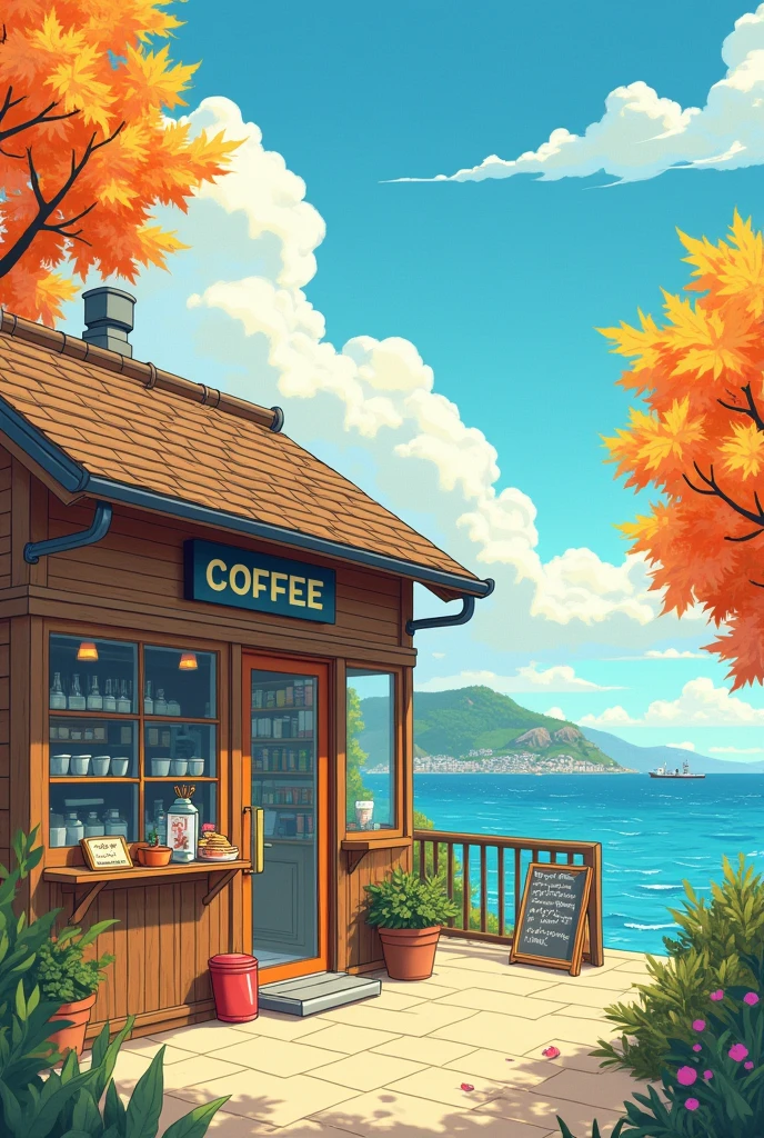 Small coffee shop, front view of the coffee shop, mostly made of wood, daytime, autumn landscape, the back is the port or the sea, theme of analog color, hip hop lo-fi, retro, flat, 2.5D, line drawing, ink painting, watercolor painting, pastel color, Studio Ghibli style, bright colors, lo-fi style, old texture, amplitude, masterpiece, technology of wonders, beautiful seaside with sky with clouds.