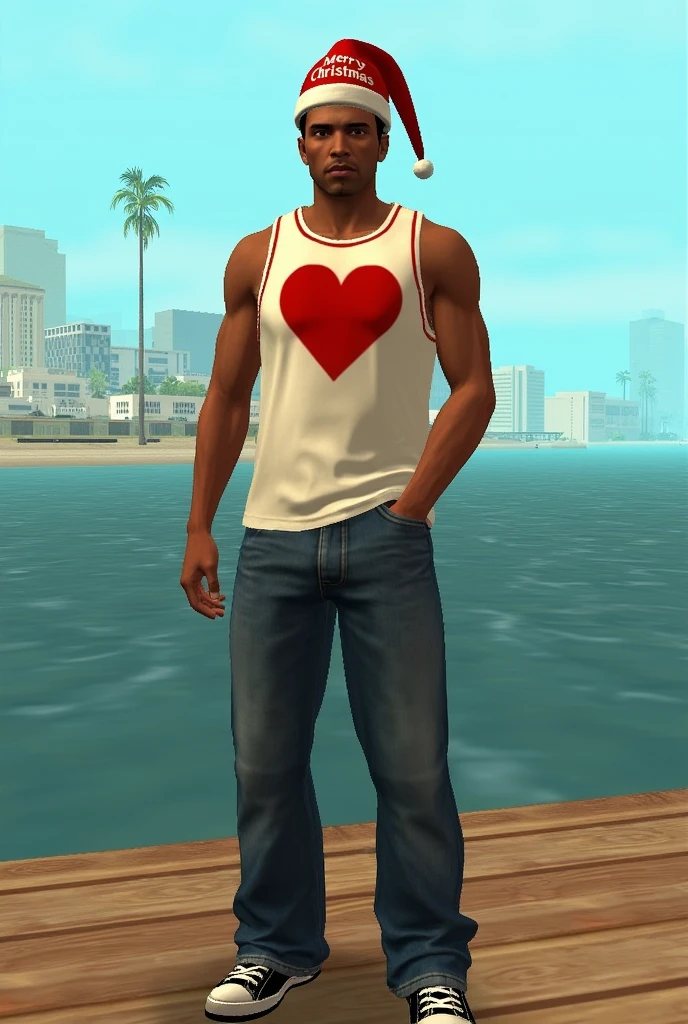I want an adult character from GTA Sanandreas Samp on the pier wearing a hat that says Merry Christmas and a heart in the middle of his chest

