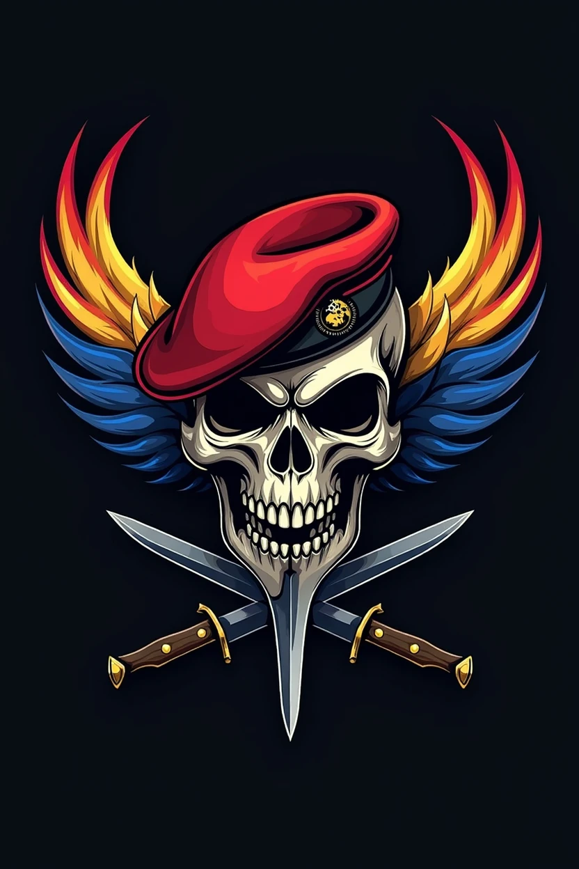 Army logo with a skull with a red beret with wings in the colors of Venezuela and two knives with the points pointing down