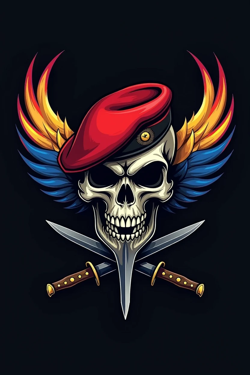 Army logo with a skull with a red beret with wings in the colors of Venezuela and two knives with the points pointing down 