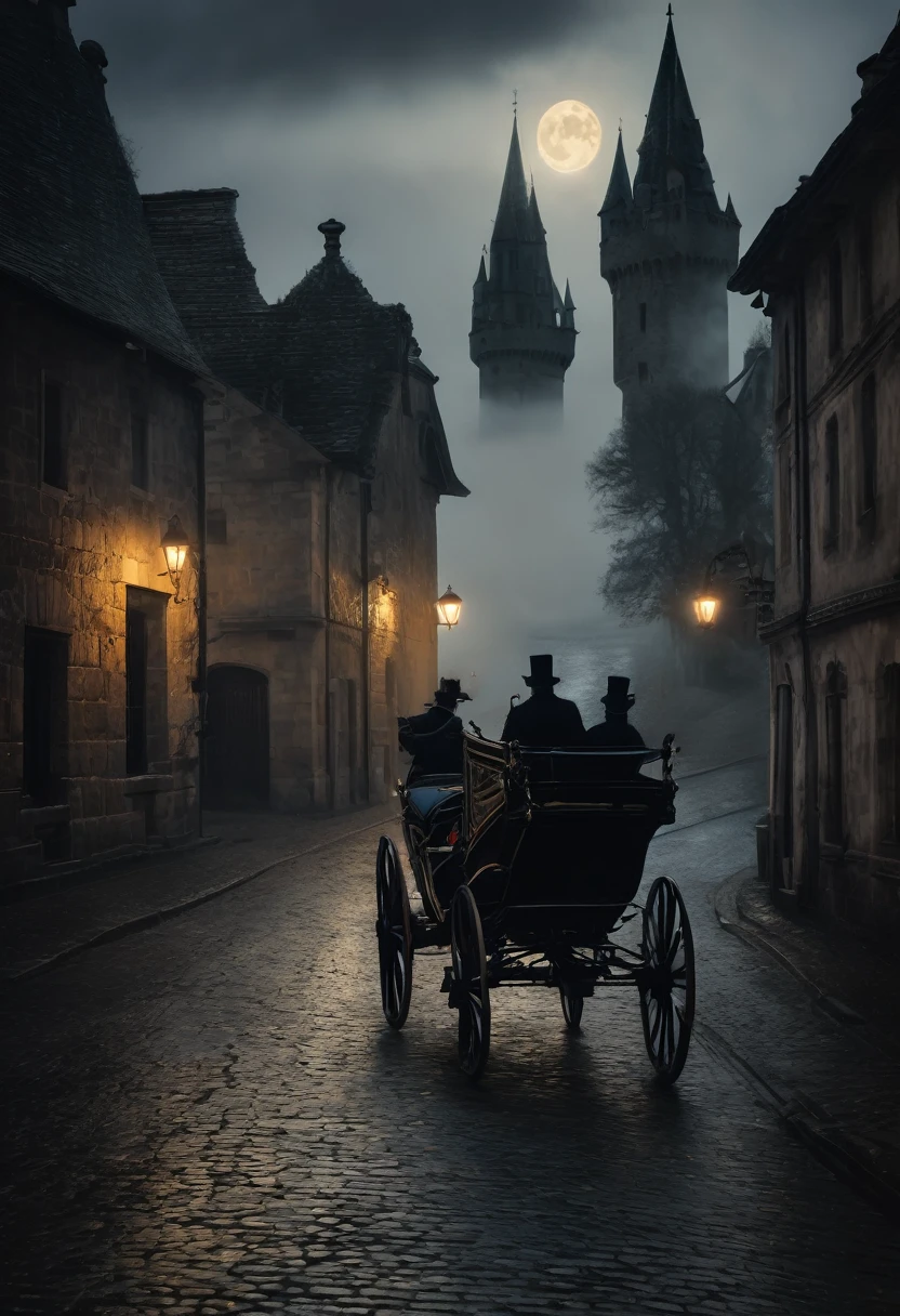 A dark night, a horse-drawn carriage moving towards a gloomy castle, moonlight, shadows, fog, detailed textures, cinematic lighting, moody atmosphere, fantasy, dramatic, (best quality,4k,8k,highres,masterpiece:1.2),ultra-detailed,(realistic,photorealistic,photo-realistic:1.37),chiaroscuro,dramatic lighting,gothic architecture,cobblestone road,overcast sky,haunting,eerie,brooding
