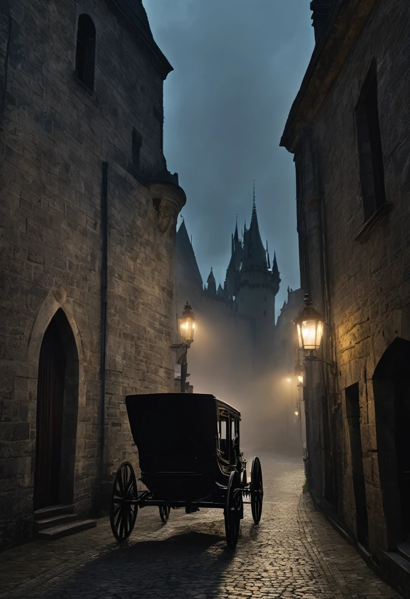 A dark night, a horse-drawn carriage moving towards a gloomy castle, moonlight, shadows, fog, detailed textures, cinematic lighting, moody atmosphere, fantasy, dramatic, (best quality,4k,8k,highres,masterpiece:1.2),ultra-detailed,(realistic,photorealistic,photo-realistic:1.37),chiaroscuro,dramatic lighting,gothic architecture,cobblestone road,overcast sky,haunting,eerie,brooding