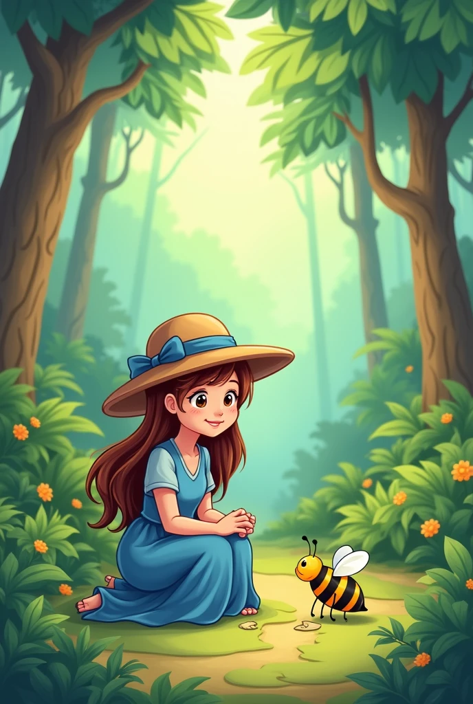 the  cartoon with long brown hair, round brown hat with blue ribon and long blue dress at the middle jungle. There is a cute bee with broken wings besides her that need help