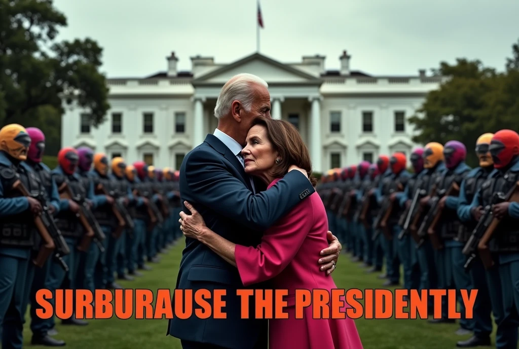 White House, Joe Biden and Nancy Pelosi hold onto each other panicked, several gay men in club leathers with rifles and rainbow hair form a defensive line, 'We will never surrender the presidency' is written in large clear letters along the bottom of the screen