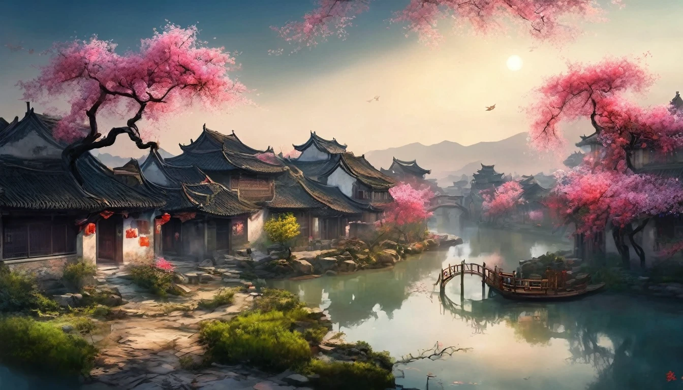 (Bright colors),(Semi-realistic),中国古代充满活力of河畔景色,(平静of河水)Shown in(典雅of拱桥)Oblivion,(Local villagers)of(风景如画of住宅),(Ming dynasty depiction:1.1),Jiangnan Ancient Town,Bridge over the River,繁华城市外of宁静农田,(阳光明媚of早晨:1.2),(Fine brushwork:1.1),Dynamic depiction,Panorama of the waterof edge,真实of氛围,Vivid and real,迷人of魅力,丰富of画面,8K resolution