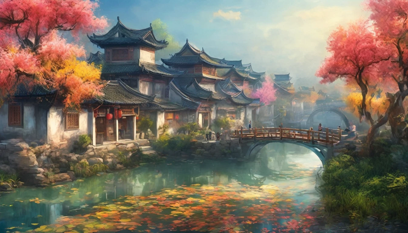 （Bright colors），（Semi-realistic），中国古代充满活力of河畔景色，(平静of河水)Shown in(典雅of拱桥)Oblivion，(Local villagers)of(风景如画of住宅)，（Ming dynasty depiction：1.1），Jiangnan Ancient Town，Bridge over the River，繁华城市外of宁静农田，（阳光明媚of早晨:1.2），（Fine brushwork：1.1），Dynamic depiction，Panorama of the waterof edge，真实of氛围，Vivid and real，迷人of魅力，丰富of画面，8K resolution