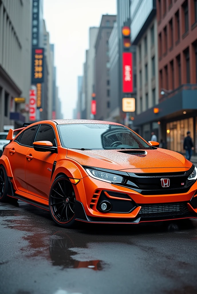 Create a 2020 Civic with an orange body kit with black wheels and a large spoiler
