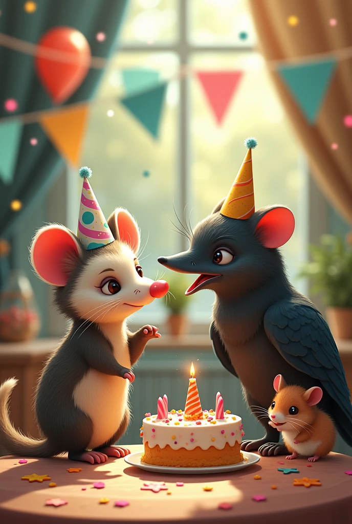 A possum and a crow and a hamster at a birthday party