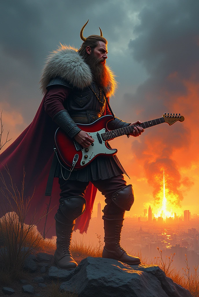 viking man,in the style of Filip Hodas,in the style of Megan Hess,viking man playing an electric guitar,fine sketches,vivid,storm,landscapes,fantasy,dark,royal air force girls,city on fire,the end of the horizon exploding,masterpiece,fine details,sense of atmosphere,atmosphere,vanishing point composition,