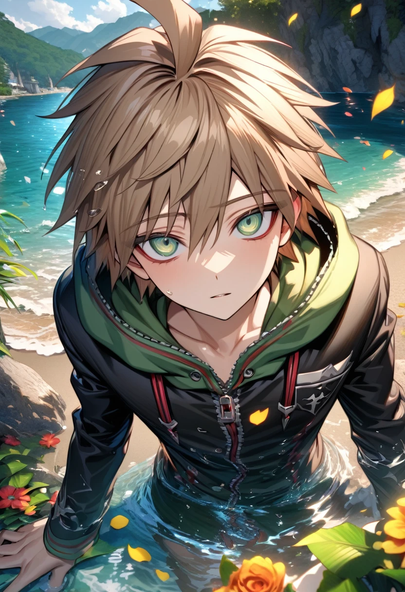 Ultra detailed, HDR, Highres, absurdres, master piece, Naegi Makoto, light brown hair, expressive teal eyes, black jacket, green hoodie, Danganropa, sexy man, handsome, flowers, petals, fantasy, magical, green leaves, handsome, best quality, glittering, water, beach, solo,