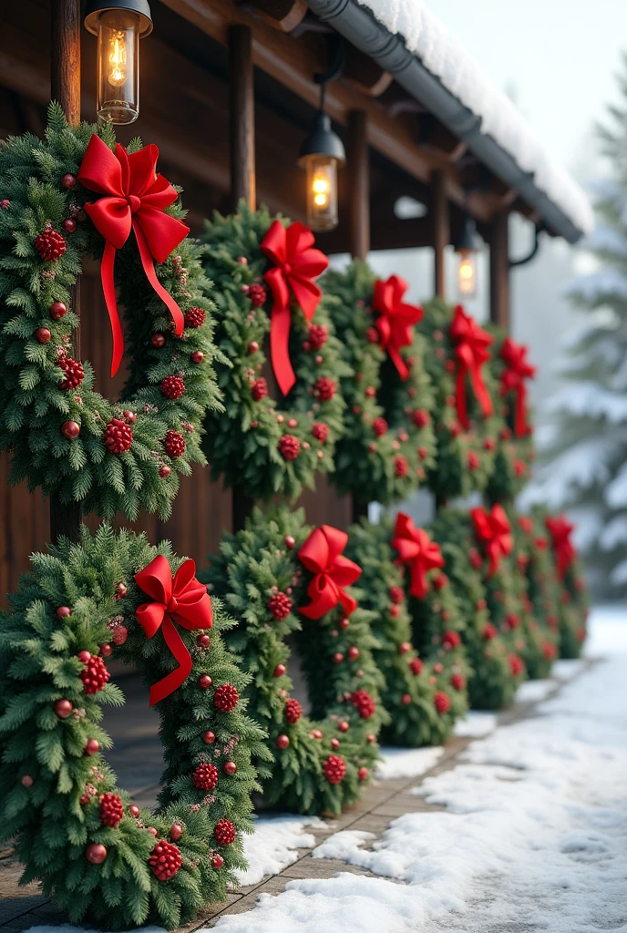Christmas wreaths lined up in front