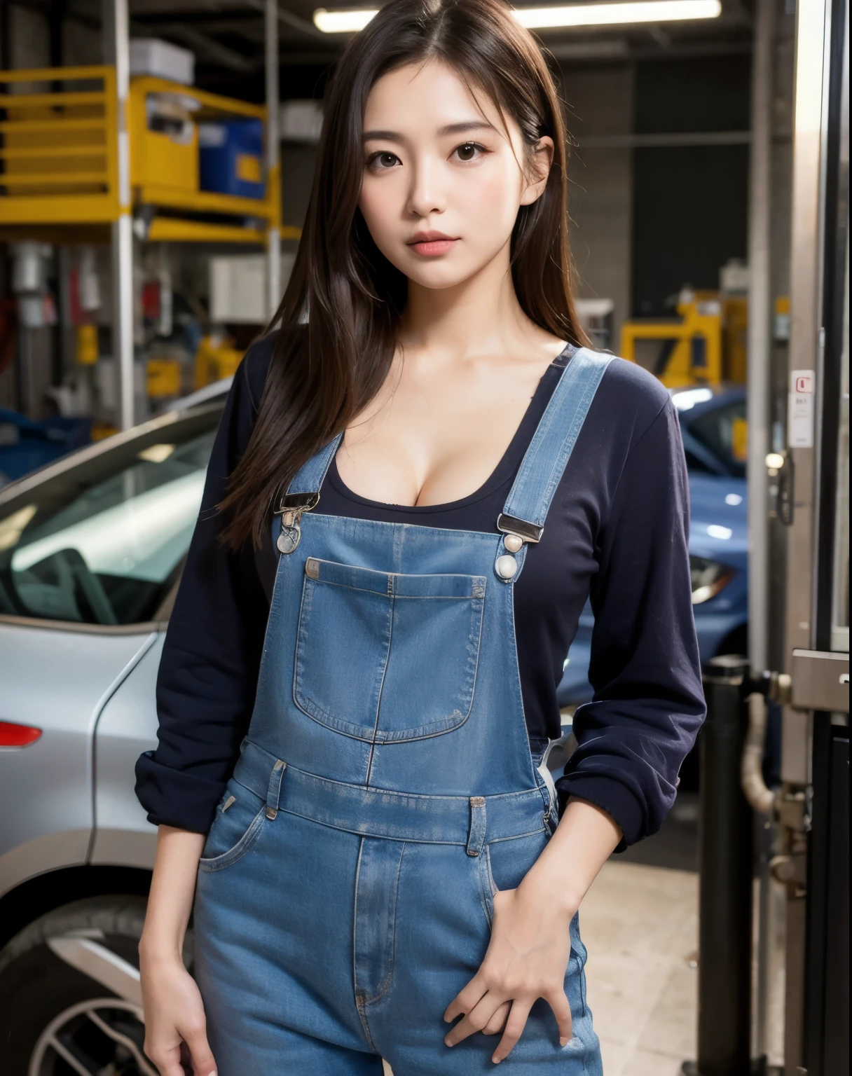 You are a professional photographer。masterpiece、8K、Highest quality, Soft Light, Ultra-high resolution, (Realistic:1.4), RAW Photos,24 years old Japanese girl, alone, cute, (pupil, Light in your eyes), Beautiful face in every detail, (Small box),(High resolution detail of human skin texture),Cleavage Auto Repair Shop、mechanic、Work Style、Wear tight overalls、Wear long-sleeved work clothes、Roll up your sleeves、Car maintenance、Accurate background、Service1Stand in front of a vehicle
、(Portraiture)