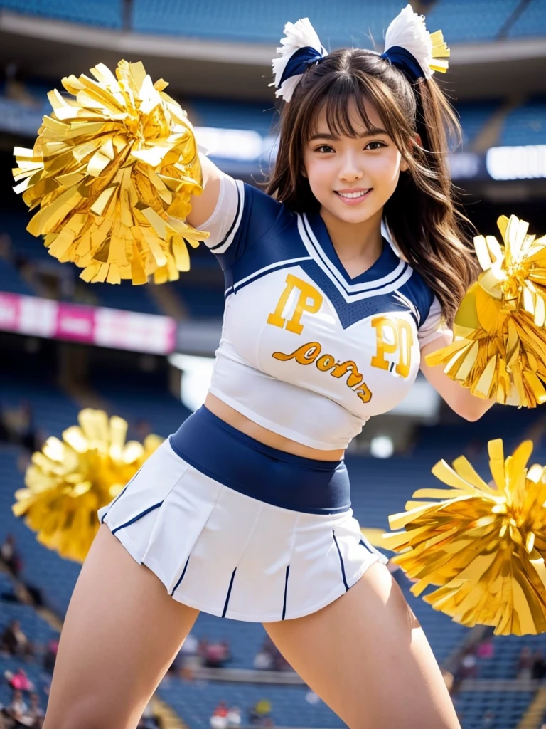 masterpiece,Highest quality,Very detailed,High resolution,(Realistic,photoRealistic:1.37),Excellent anatomy,One beautiful woman,18-year-old,height:152 cm,White Cheerleader,(Holding big pom-poms in both hands:1.5),Big smile,cheer leading,Cheerleader uniform,(shape),Micro Pleated Mini Skirt,No underwear,((Very delicate and beautiful)),((Stadium Background:1.2)),Brown Hair,Long Hair,bangs,Very beautiful face,Cute type,Big Natural Color Lip,Small and cute nose,Big and pretty eyes,Brown eyes,Obvious double,Shiny highlight spots around the eyes,Character Focus,Tilt your head,The best light,Best Shadow,mysterious,Perfect Face,Very detailed,Soft Skin,(Glowing Skin,Sweaty:1.3),Beautiful legs,Voluptuous thighs,Plump body,Huge breasts,(Expresses the roundness and softness of the chest area..........1),Beautiful body,(Perfect Woman),Lift your legs,Skirt flip,Bold sexy pose,((cheer dance pose:1.5))