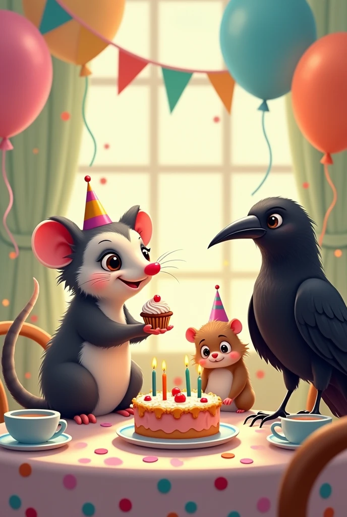 A possum and a crow and a hamster at a birthday party
