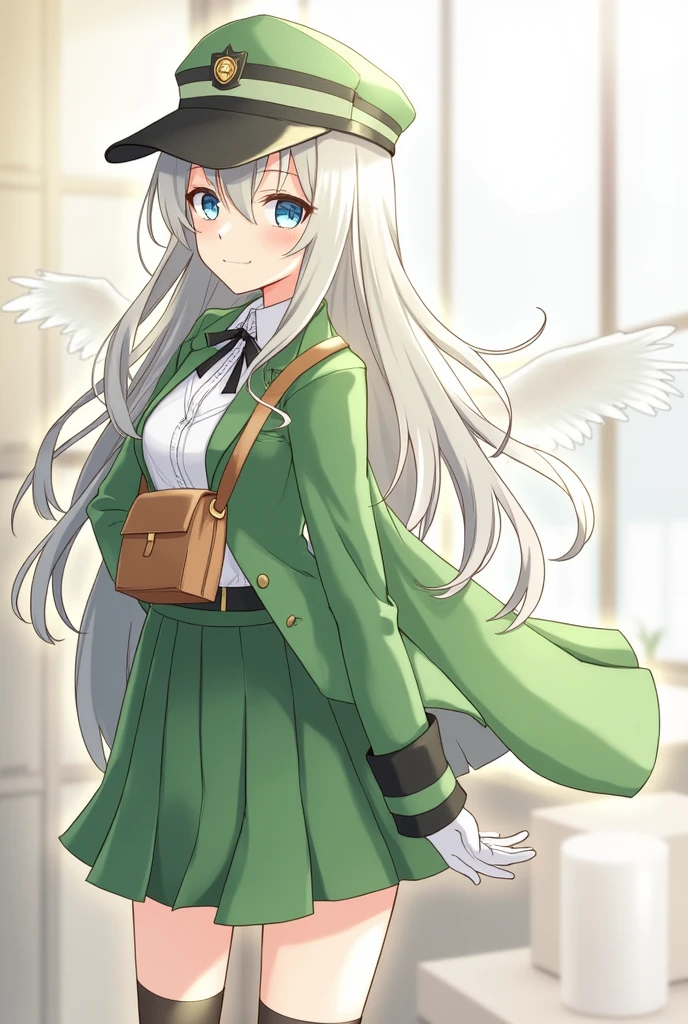 One Girl, Green long coat, Long Hair ,Gray Hair, blue eyes, sunny, Brown shoulder bag, Postman, Second Dimension, White gloves, hat, wing, Dress shirt, noon, Green mini skirt, Thighs, Black knee socks, tie