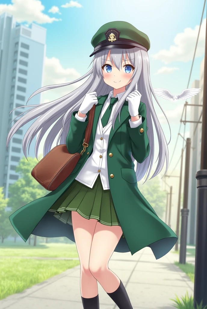 One Girl, Green long coat, Long Hair ,Gray Hair, blue eyes, sunny, Brown shoulder bag, Postman, Second Dimension, White gloves, hat, wing, Dress shirt, noon, Green mini skirt, Thighs,   Black knee socks, tie