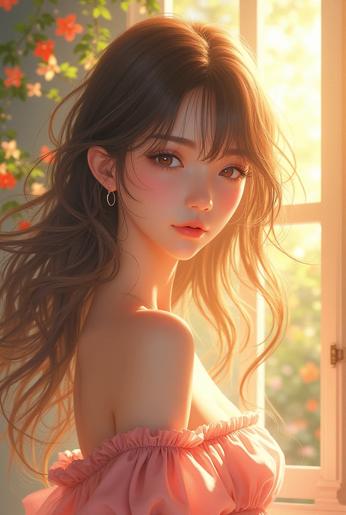 A Anime girl, flowing hair, detailed facial features, detailed eyes, delicate skin, elegant summer dress, serene expression, detailed background, natural lighting, vibrant colors, (best quality,4k,8k,highres,masterpiece:1.2),ultra-detailed,(realistic,photorealistic,photo-realistic:1.37),concept art