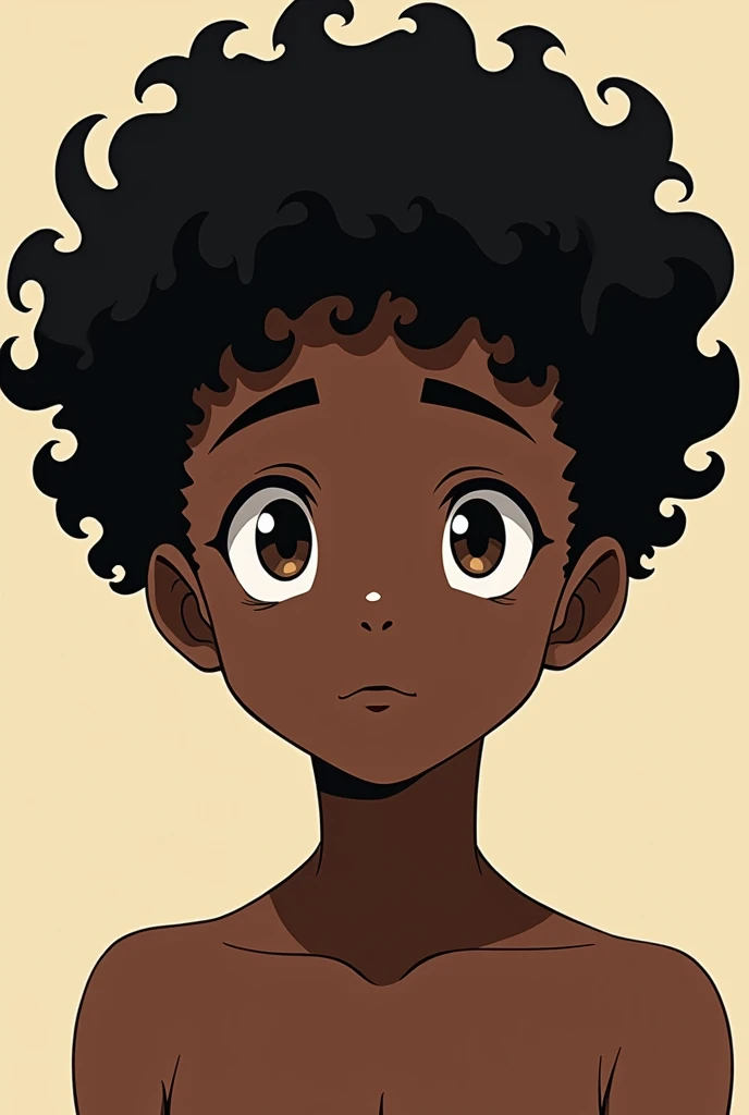 Black anime boy, curly hair, hairless, in this