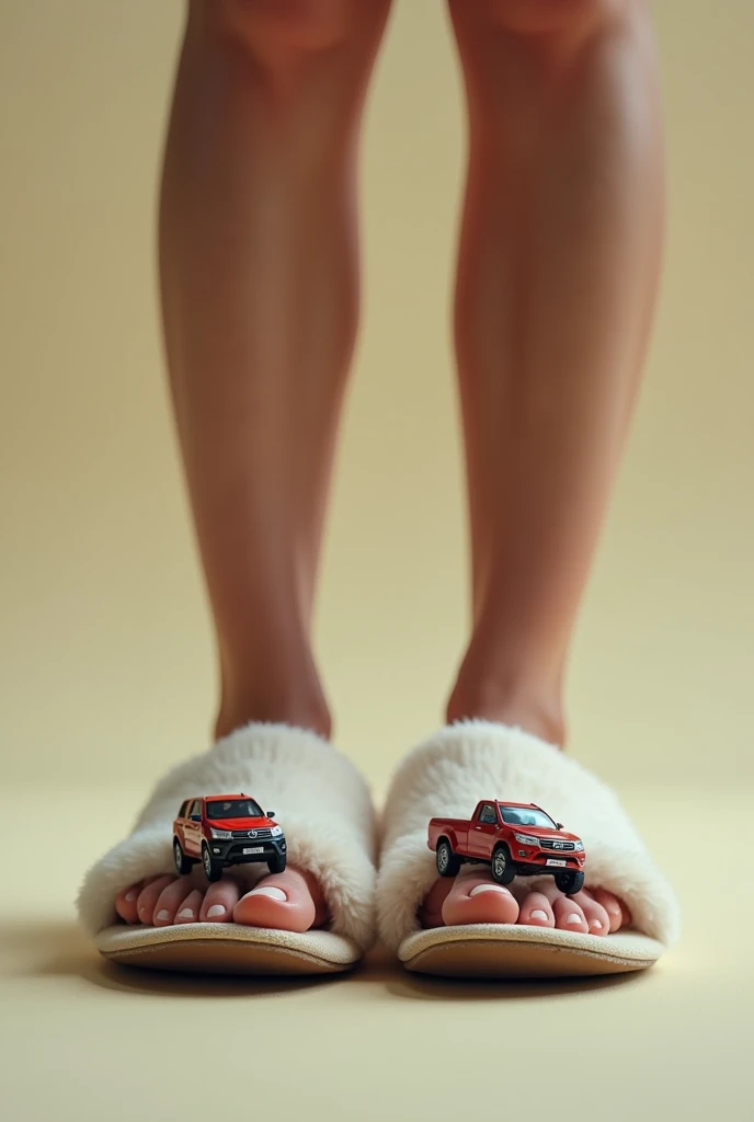 a woman in slippers, but instead of putting your big toe, put a hilux on each big toe (it could be a mini hilux, in a size close to the real size of the big toe)