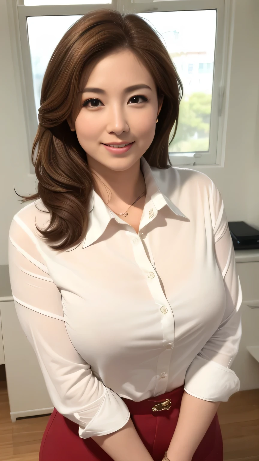 ((Highest quality, 8k, masterpiece, Portraiture: 1.3)), (Looking at the audience),Tabletop、Nearby Movies、close、 Attractive business mature woman, 1 person, A little thick:0.４,Light brown medium hair、 ((White collared shirt)),((Big Tits 1.6)) ,Good posture、An office bathed in strong afternoon sunlight、Bright room、((A kind smile))、A captivating gaze、


