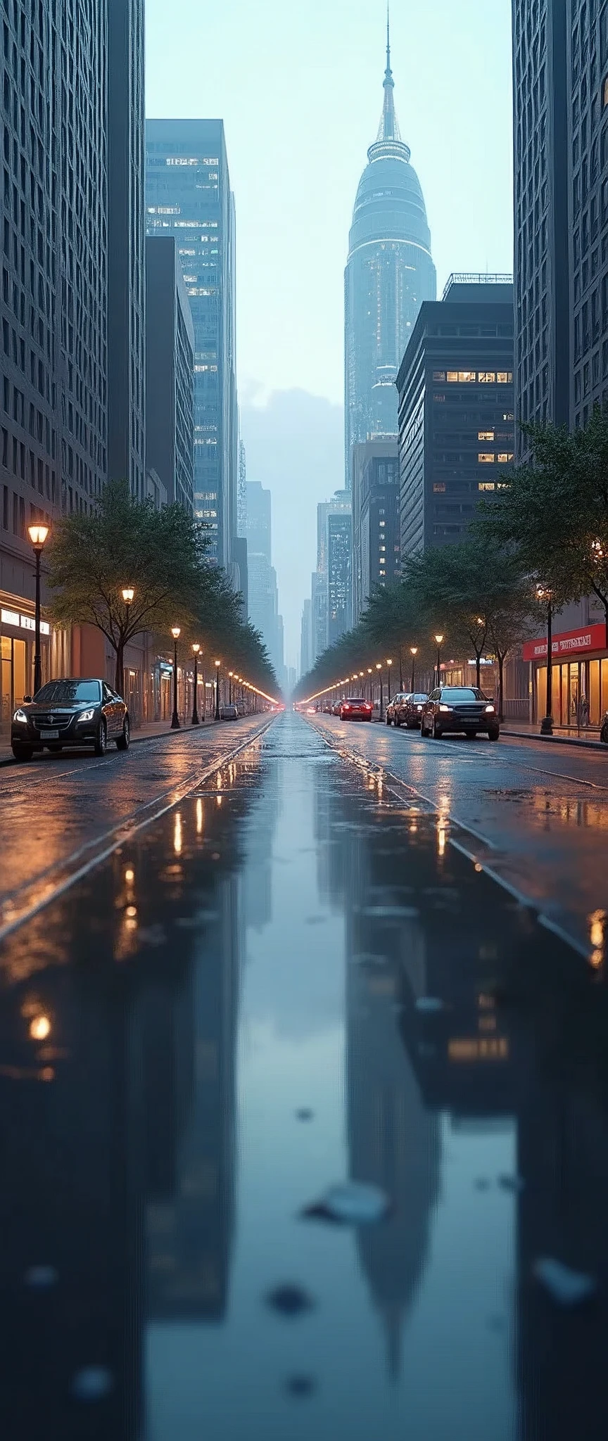 masterpiece,Highest quality,(Ultra-high definition CG Unity 8K wallpaper),(Highest quality),Physical Rendering,puddle,City view reflected on the water