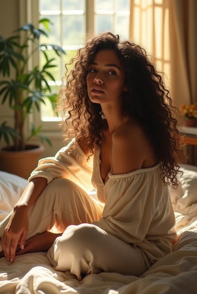 (photorealism:1.2), beautiful woman, sitting on bed, wearing loose off-shoulder top, pajama pants, long curly hair, indoors, soft lighting, plants in background, window with sunlight, cozy room, relaxed pose, realistic, intricate details, warm colors, by Greg Rutkowski, by Alphonse Mucha