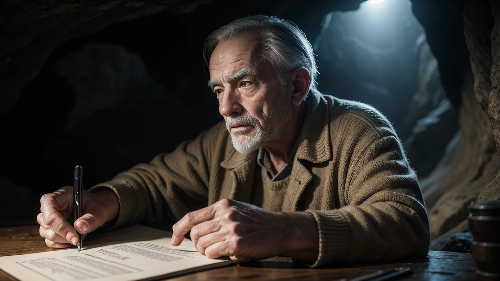 a old man writing a book in a cave, detailed intricate background, highly detailed, cinematic lighting, dramatic lighting, moody atmosphere, realistic, photorealistic, hyperrealistic, ultra-detailed, sharp focus, 8k, best quality, masterpiece