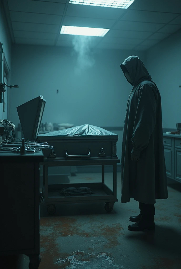 A grey silhouette standing to the right of an open coffin placed on a metal cart, brown color uncovered in a laboratory , On the left side of the silhouette there is a metal table with surgical elements on a blue background