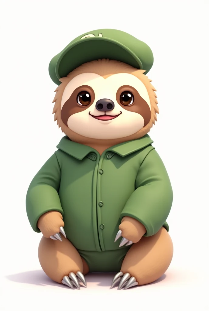 Please create a Pixar-style image of a light-colored sloth in a green uniform on a white background looking straight ahead and add a curved green cap.. Make Sloth Bear look cute and happy looking straight at the screen