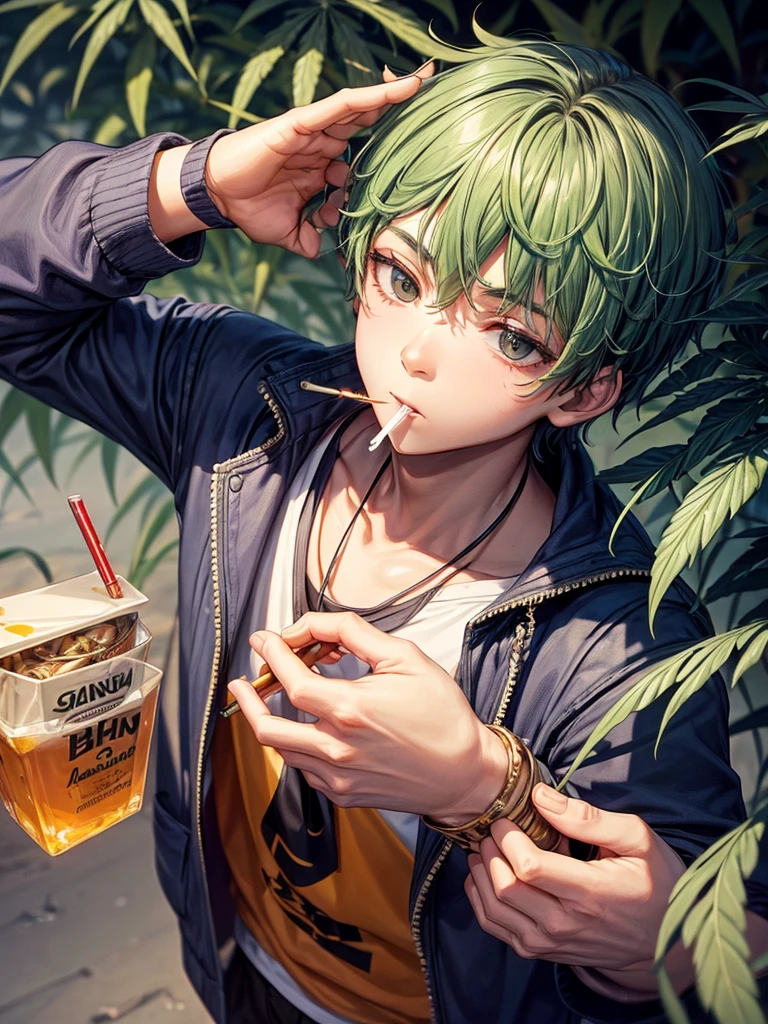 A boy smoking a cannabis cigarette with details of the cannabis sides