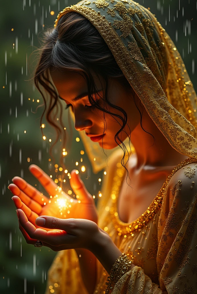 I am the rain that sees the most beautiful woman and touches her whole body, giving her hope and faith. , The message I want to give is that there is hope, we just have to look for it.,  very royal style, detailed 24k unique piece uses the triangles of composition details of his whole body details in his hands illumination of hope and nostalgia climate of colors of humility