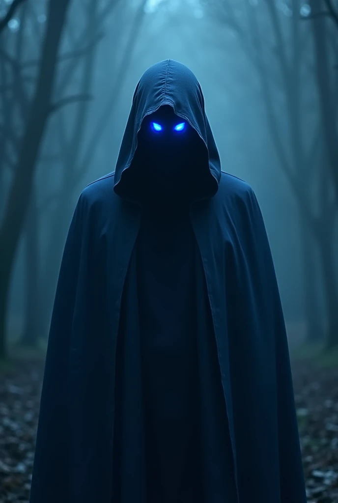 A man in a dark blue hooded robe that covers his entire body except his face, but his face is totally invisible because of the shadow that covers it, and only his eyes can be seen, shining with a blue light