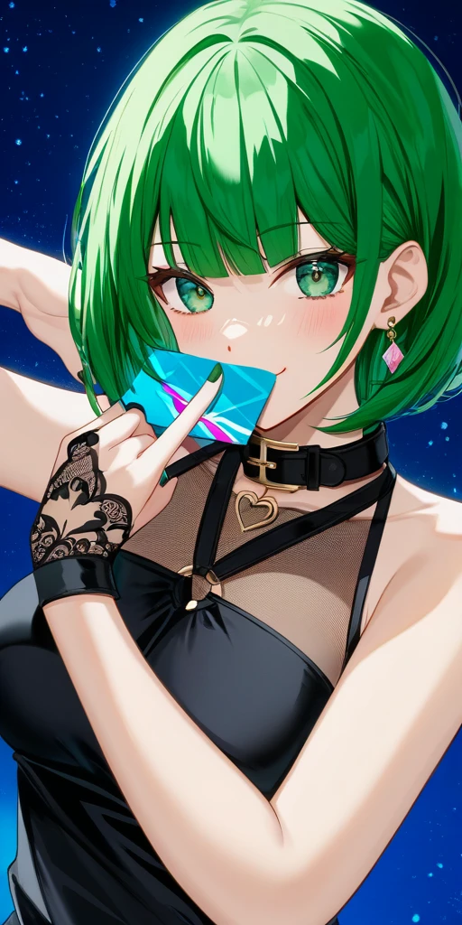(((Green hair))), (((bob hair cut))), ((black collar))),(((green eyes))), ((Highest quality、(((black nail polish))), masterpiece、anime style、best quality、high resolution、8k、detailed、ultra-detailed:1.3))、Long legs、Sharp focus:1.2, Beautiful woman with perfect figure:1.4、(Smiling:1.2), double eyelid、30-year-old female、Sexy pose、((((Close your mouth、One Woman、Witch、The background is a different world、Luxury hotel lounge))))、(((((Hands on the side of the body)))))