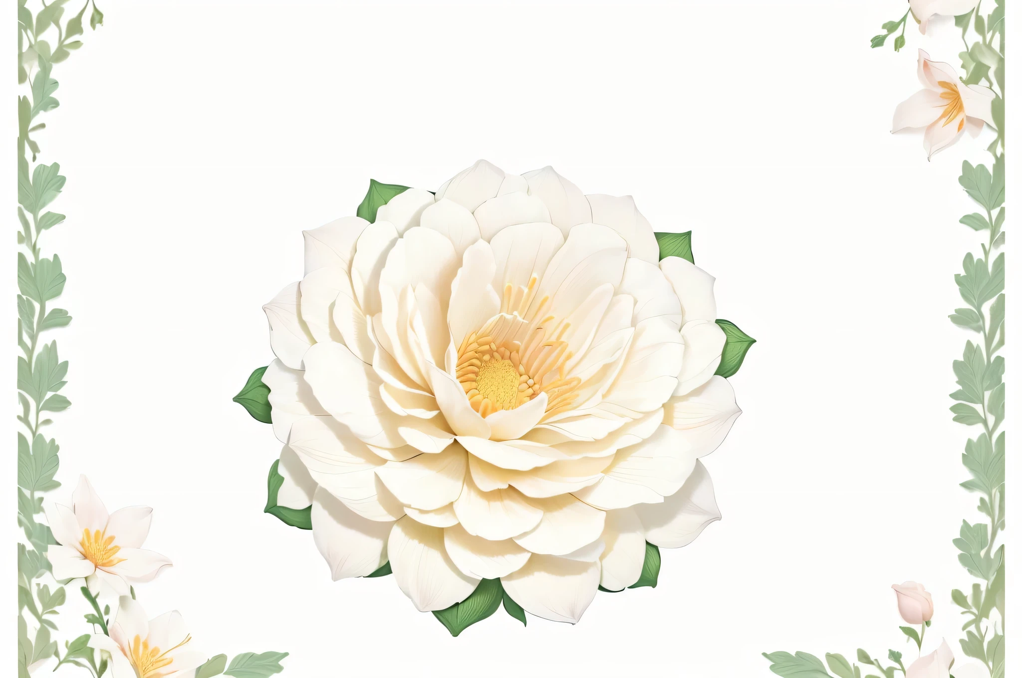 It has a floral border with flowers and leaves., flower background, Floral frame, background(solid), background natural flower, pastel flowery background, Wide Scene, floral background, fine background proportionate, Flower Environment, white border and background, surrounded flower, No text, plain background, background is white, White border, Colorful flowers and plants