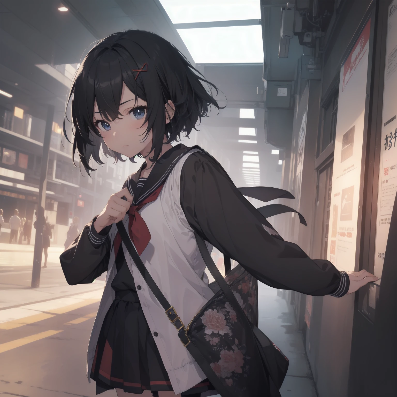ultra-absurdres-Top quality by artist God, ultra-detailed, high resolution, anime moe artstyle, best anime 8k konachan wallpaper, pixiv contest winner, pool:2810, perfect anatomy,break, 1girl, (Please draw a girl walking sleepily to school alone. )break,(Solo,little female, 13-year-old:1.3),Full limbs, complete fingers,a junior high school student, (very short hair), short cut, flat chest, , small butt, small black eyes, beautiful detailed eyes, well-proportioned iris and pupils, expressive eyes, highres detailed hair, soft expression, salor school_uniform, sailor collar, serahuku, bow, pleated skirt,(Detailed Lighting), (Detailed background), in the School commute route. break,super detailed skin, Best cinematic lighting powered by famous artist, 8k,beauty illustration,photoshop_(medium),very aesthetic,break,((artist:ayu_(mog) )), artist:clamp ,artist:carnelian ,artist:kantoku ,