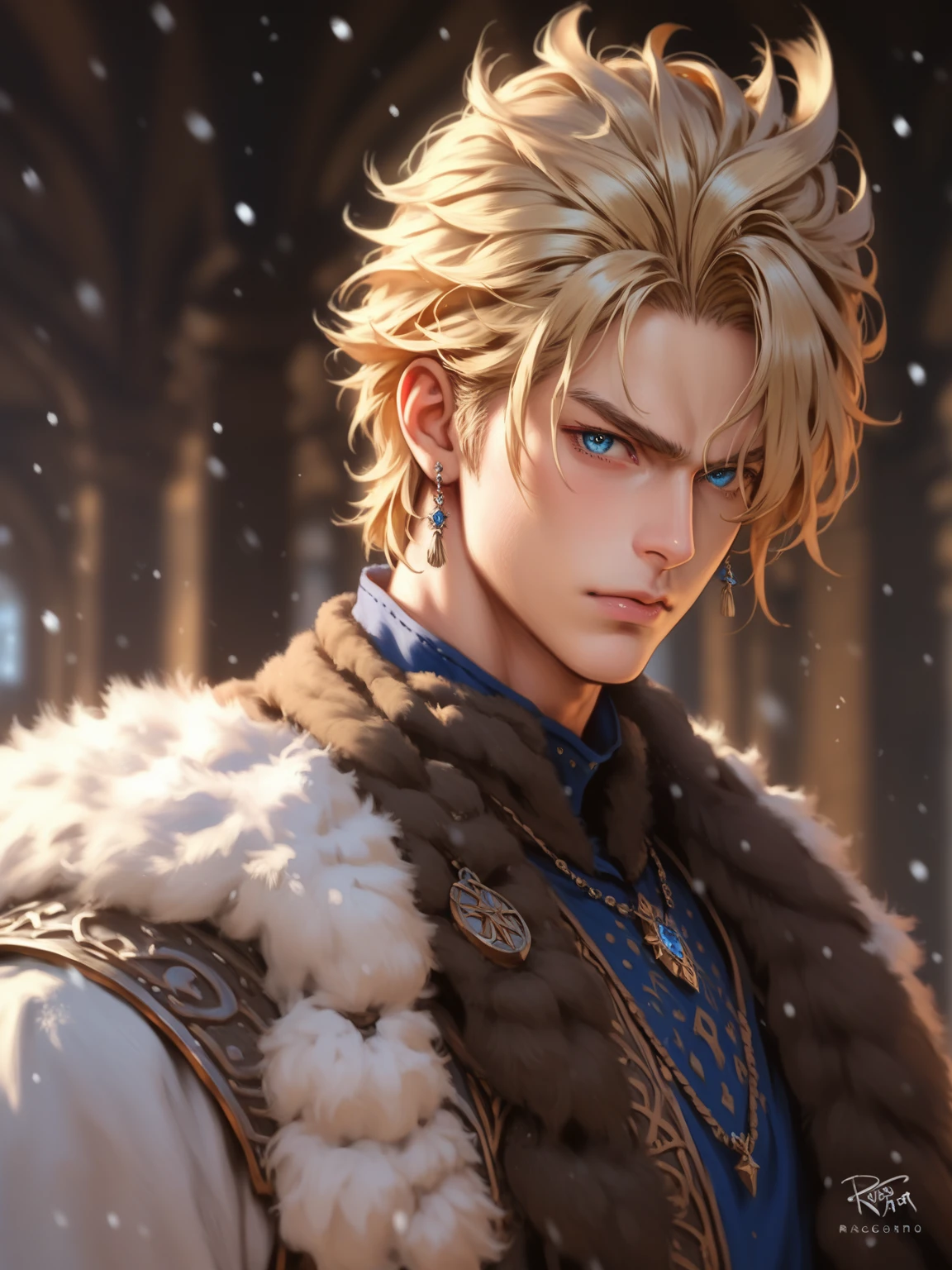 absurdities, High resolution, ultra detailed, HdR, masterpiece, realism, realist, 30 year old adult man, rasgos muy masculines, serious, Extremely detailed face and eyes, long straight hair, blond hair, bushy eyebrows, fringe, angry eyebrows, expressive blue eyes, rasgos masculines, detailed eyes, LOOKING AT THE SPECTATOR, 1 man, viking style clothing, masculine, blue clothes con abrigo de piel blanco, snowy background, White skin, viking necklace, blue clothes, white earrings, Wizard's Medallion, tidy hair, Complete plan, beefy chest, realism magico, masculine, men's clothing, vibrant colors, Fotorrealist, 8k, Best Quality, High resolution, cinematic lighting, intricate details, snow background.