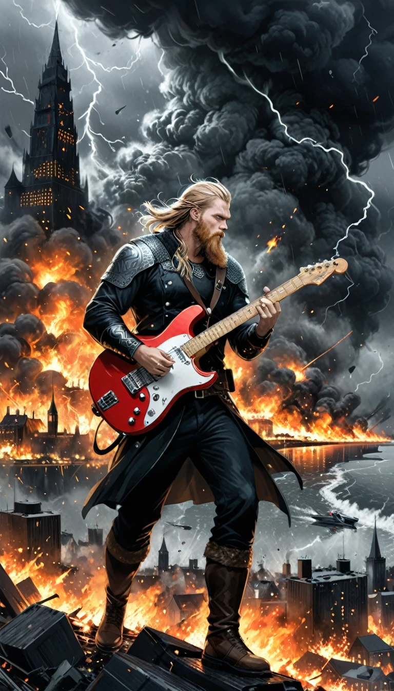 viking man,in the style of Filip Hodas,in the style of Megan Hess,viking man playing an electric guitar,fine sketches,vivid,storm,landscapes,fantasy,dark,royal air force girls,city on fire,the end of the horizon exploding,masterpiece,fine details,sense of atmosphere,atmosphere,vanishing point composition,