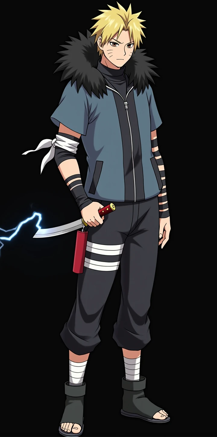Whole body, masculine, Naruto Style, short blonde hair, blue jacket, black bandages on his arms, attractive, brown slanted eyes, hood with black polar fur, bandana tied on bicep, kunai in hand, lightning coming out of his hand, anime, 4k, White background