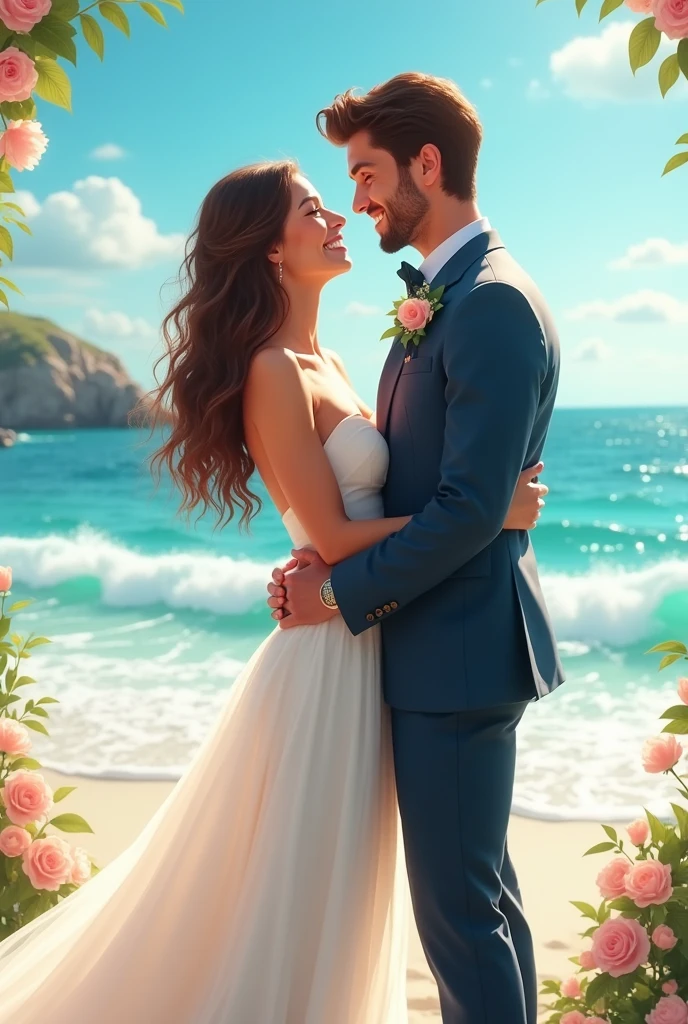 A white woman&#39;s wedding, Brunetette, hair below the breasts, slightly wavy, light freckles, lightbrown eyes, more towards green, almond nails, White Long Dress, impeccable heels, unveiled, with a brown man, short, wavy hair, dark brown eyes, slightly dark blue suit. The wedding is on the beach and they are both excited and very happy. 