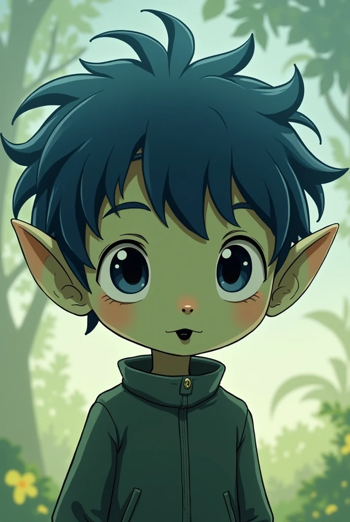 (((ghibli style))) a navy blue haired alien boy, greenish skin, antennae and eyes completely black, with pointed ears and a black tongue