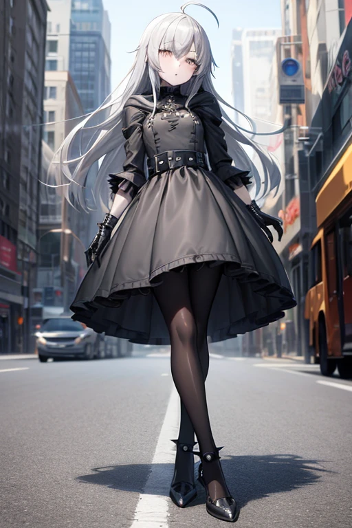((best quality)), ((masterpiece)), (detailed), 1 girl, full body, 18 years old, depressed face, beautiful face, silver eyes, blushing, silver hair, long hair, ahoge, bangs, lock of hair covering her right eye, full body, very tall, very small breasts, flat chest, thin body, grey hood, metal spikes, grey wristbands, long black gloves with spikes, grey gothic dress, grey gothic lolita dress, puff sleeve, grey dress with metal spikes, blades on the steering wheel, metal emblem, somewhat tight, black belt, pale skin, black pantyhose, black shoes, walking through the city, metal spikes coming out of the road, looking at me, city background, anime