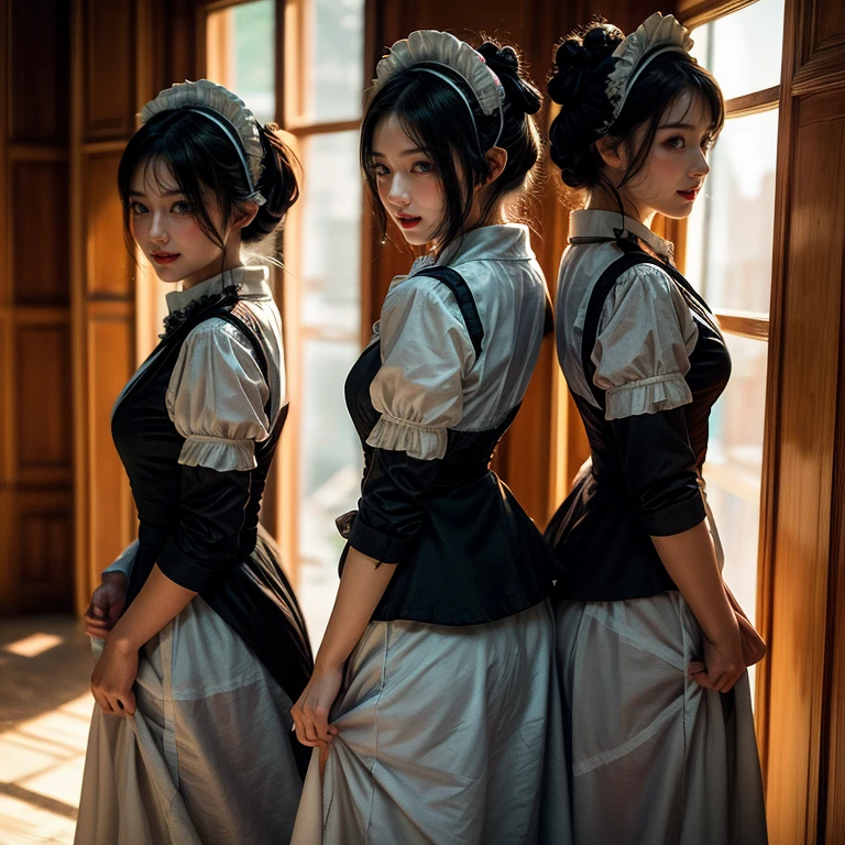 SFW, (Extremely Detailed((Kawaii Maid Group in a row:1.37))), Childish perfect face, Reflective Eyes, Detailed(Delicate Clothing textures), Dynamic Joyful Expressions LifeLike Rendering, (Specular Reflection:0.2), TopQuality 8K Ultra-detailed masterpiece (ProfessionalPhoto:1.37), (Acutance:0.8), (Luminism:1.28), (Renaissance art style), (Light particles:0.75), (Muscle:-0.5), ((Full body from side)) mini skirt lift, skin tight dress 