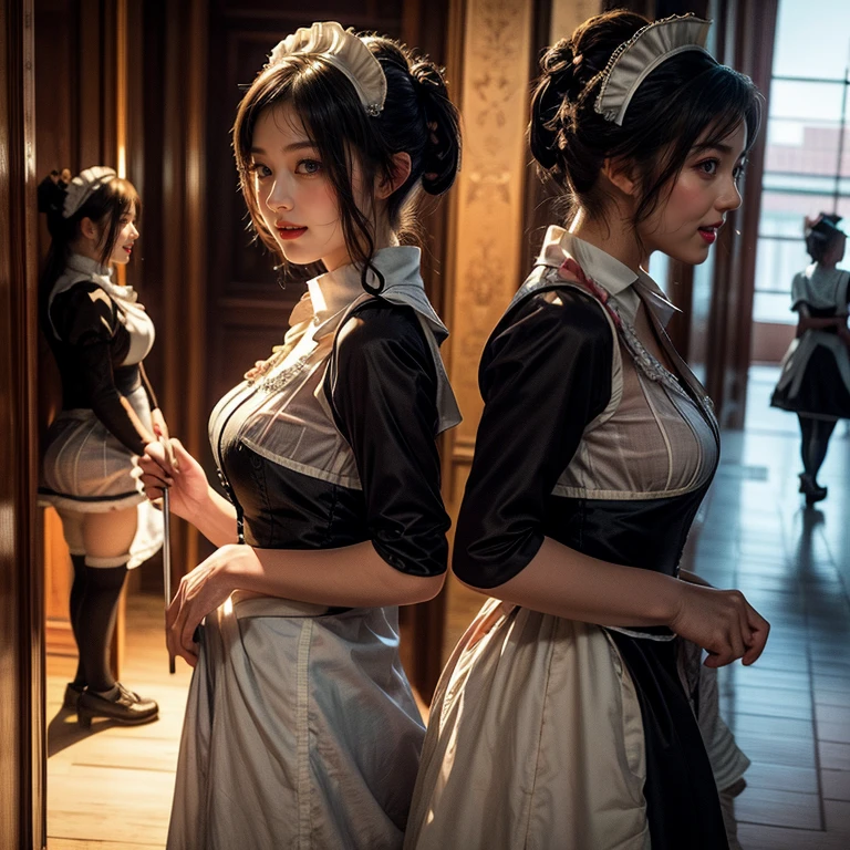 SFW, (Extremely Detailed((Kawaii Maid Group in a row:1.37))), Childish perfect face, Reflective Eyes, Detailed(Delicate Clothing textures), Dynamic Joyful Expressions LifeLike Rendering, (Specular Reflection:0.2), TopQuality 8K Ultra-detailed masterpiece (ProfessionalPhoto:1.37), (Acutance:0.8), (Luminism:1.28), (Renaissance art style), (Light particles:0.75), (Muscle:-0.5), ((Full body from side)) mini skirt lift, skin tight dress 