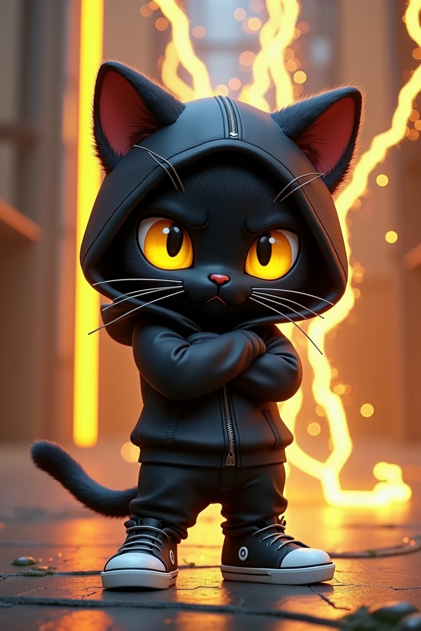 Create game character of a cute chibi-style black cat with yellow eyes in a lightning element theme, rendered in a Disney Pixar 3D art style. The cat should be in a cool pose, frowning with arms crossed in front, wearing a black sweatshirt hoodie with matching black sneakers. The background should include a vibrant and dynamic scene with electric sparks, lightning bolts, and a neon black and yellow color scheme.