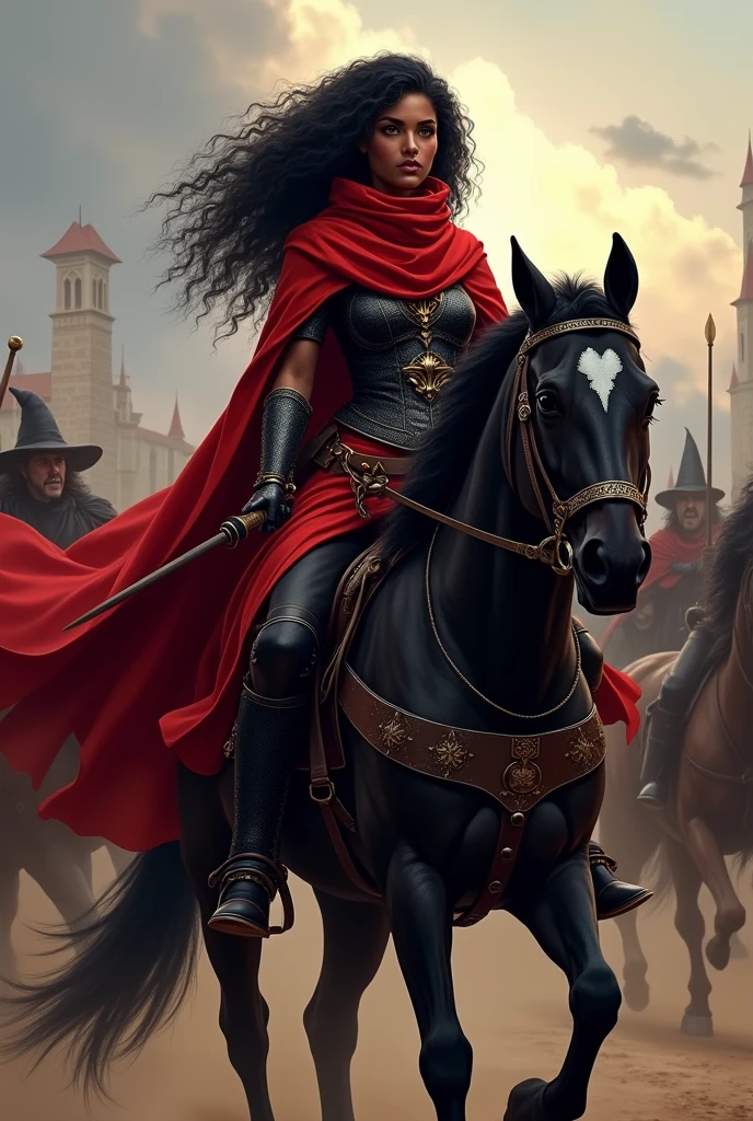 Fanart of the female Assassin outfit from the Tibia video game created by Cipsoft with the colors black and red, dark skinned girl with curly hair, riding the war horse, in a battle of wizards with a grey stone in his hand