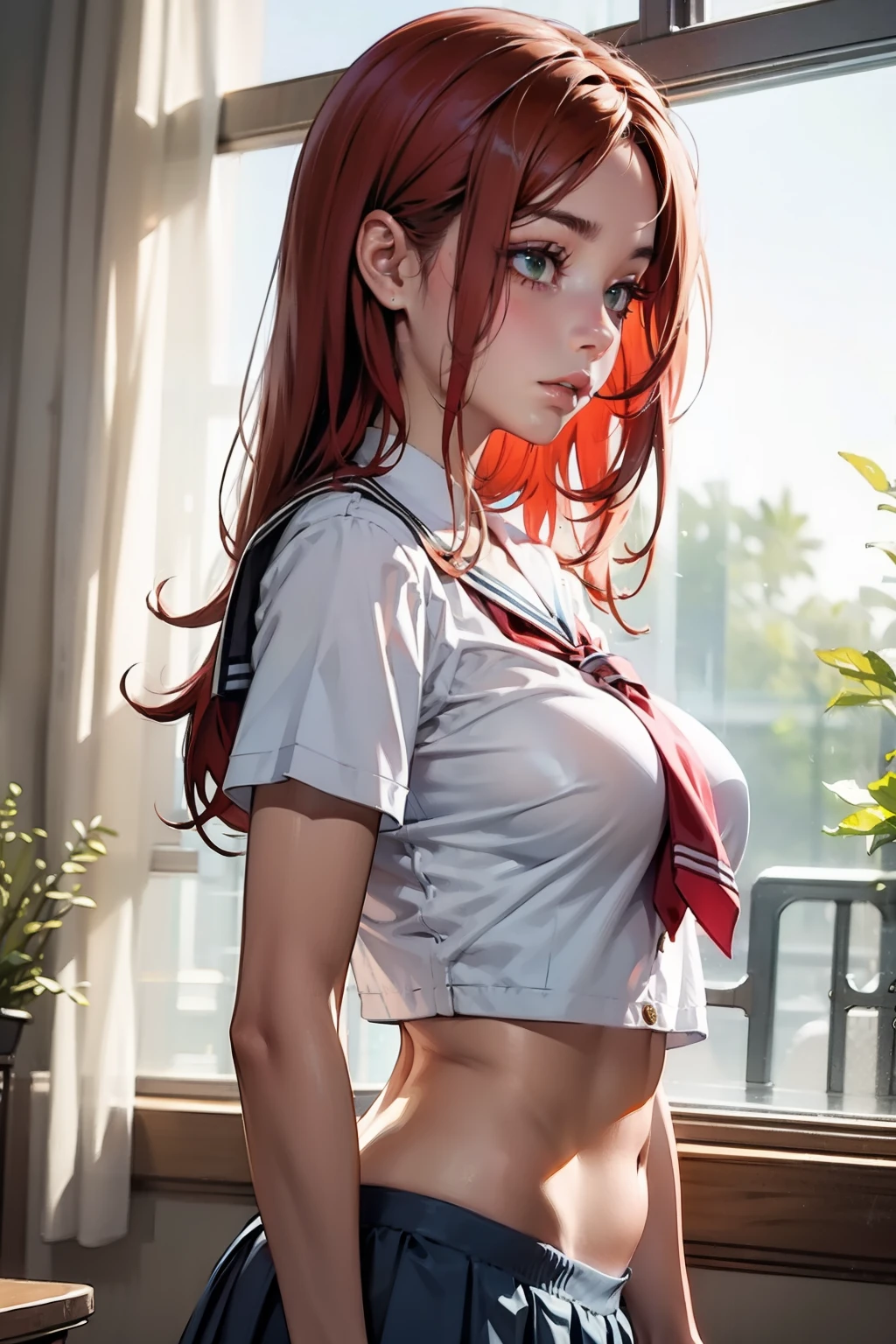 a one woman, long red hair, defined body, Overview, short sexy school uniform, posse sexy